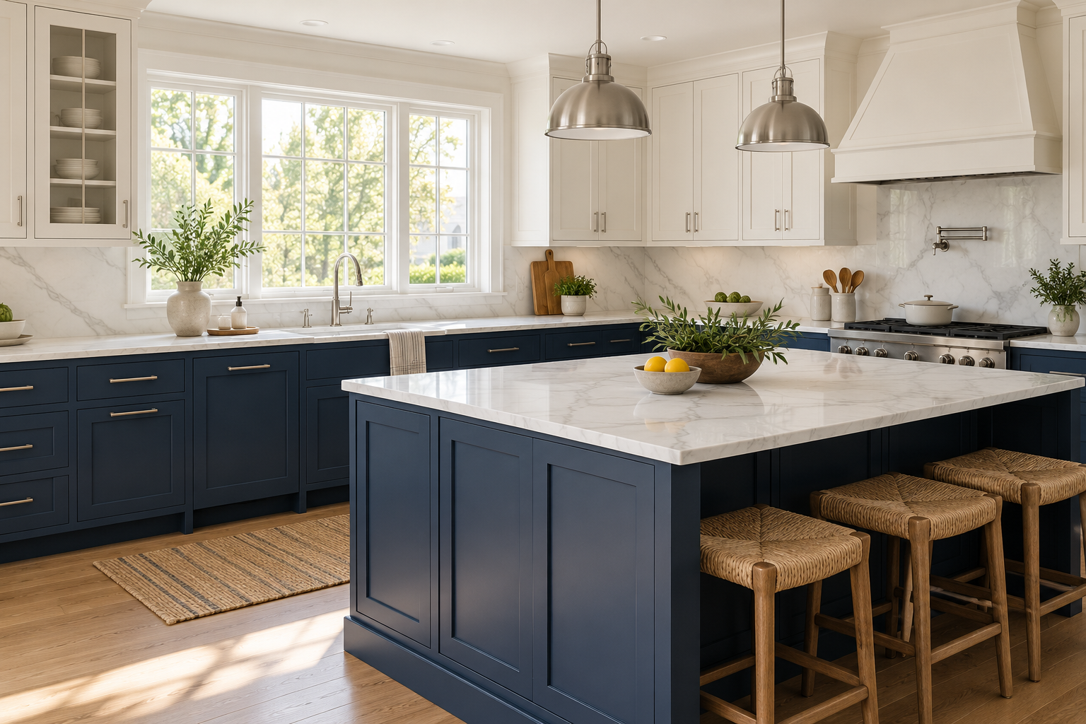 AI-generated inspiration: navy and white kitchen cabinetry