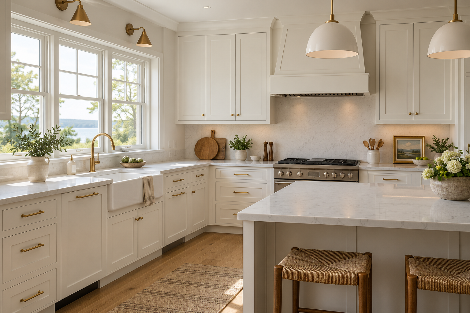 AI-generated inspiration: warm white shaker cabinets with brass hardware